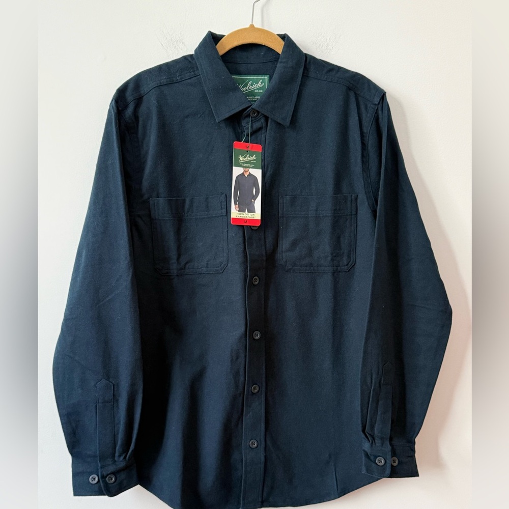Woolrich Navy Blue Casual Button-Down 100% Cotton Chamois Shirt